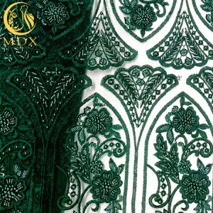 Customized Emerald Green Embroidery Lace Fabric Beaded Sequined Decoration