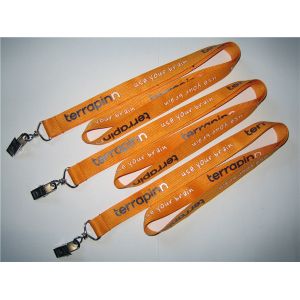 China Imprint polyester badge lanyard with metal card clip, polyester id card lanyard in bulk, on sale