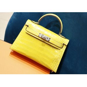 China Womens Handhold Yellow 22cm Crocodile Skin Bag With Square Shape on sale