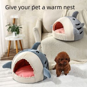 China Fall Winter Fish Cat Bed Pet Universal Warm Villa Semi Enclosed Shark Shaped Dog Nest on sale