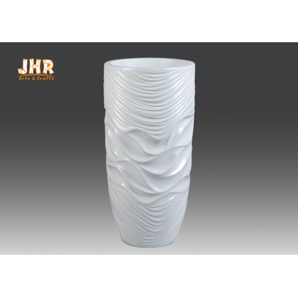 Wavy Pattern Glossy White Fiberglass Floor Vases For Artificial Plants 3 Piece