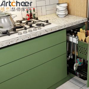 Custom U Shape Kitchen Cabinet Green Color L Shape Base Cabinets Set With Marble