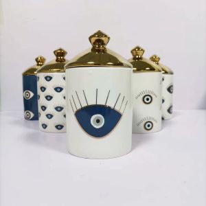 Eye Pattern Candle Ceramic Containers With Letterpress Printing Gravure Printing