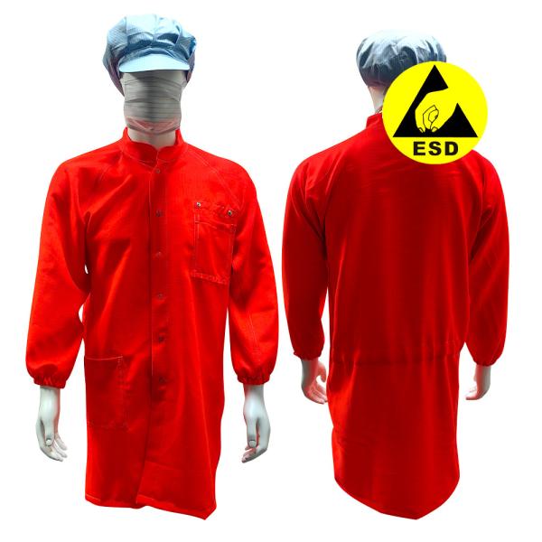 Cleanroom Red 5mm Grid ESD Antistatic Safety Coat With 98% Polyester 2% Carbon