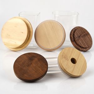 Cheap Candle Clear Glass Jars With Wooden Lids Screw Top for sale