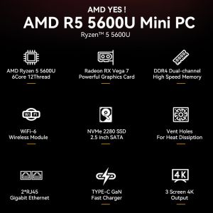 AMD Ryzen 5 5600U Mini PC Hexa Core PC Dual Ethernet Dual Channel DDR4 For