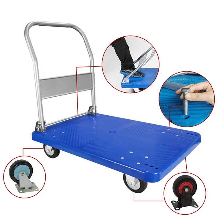Warehouse Handling Plastic Folding Trolley Four Wheel Flatbed Pull Cargo