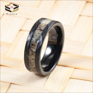 Cheap Sample Making Service Custom 8mm Hammered Black Tungsten Inlay Deer Antler Jewelry Rings Trendy Style for Men's Wedding for sale