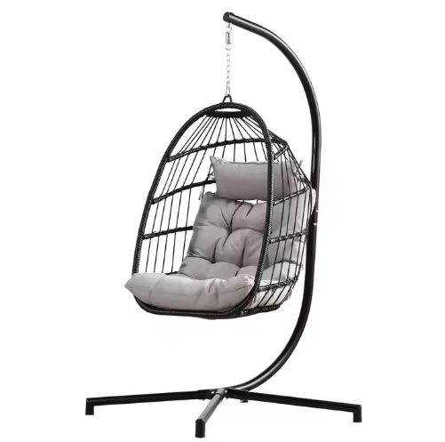 Foldable Patio Swing Hanging Chair With Stand Rattan Hanging Round Swing Egg Chair