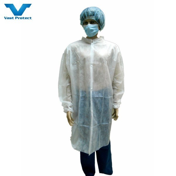 30-50GSM Microporous/SMS/PP Protective Medical Lab Coat with Buttons/Zipper