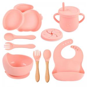 Cheap 9pcs Rabbit Baby Silicone Feeding Set Pink Silicone Bib And Bowl Set for sale