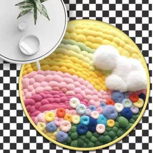 Circular Rainbow Children'S Room Carpet 3D Effect Cartoon Cloud Decorated Carpet