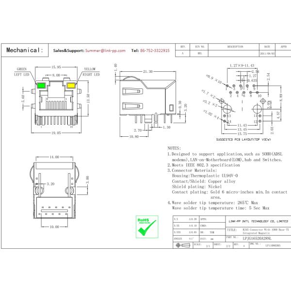 PoE Circuit 6605834-1 MAG45 Modular Jack LPJ16249A28NL With RESISTOR Leds