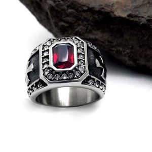 Vintage Inlay Mens Gothic Stainless Steel Band Ring with RED Cubic Zircon