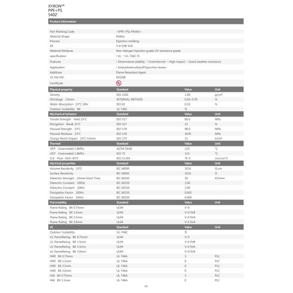 PPE 540Z - Flame-retardant Grade, Electric Insulation Property, Low Water Absorption, Resistant to Hydrolysis