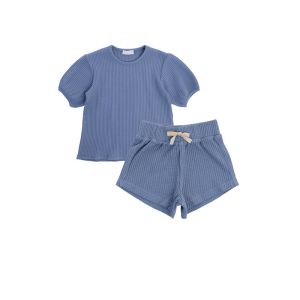 Cheap 2 PCS Waffle Short Puff Sleeve Tshirts 100% Cotton 6T Casual for sale