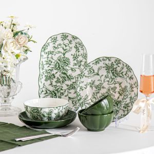 Green Floral Ceramic Plates Sets For 6 Users Exquisite Porcelain Utensils