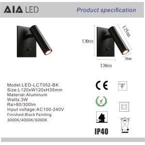 Simple recessed mounted knob switch 3W led wall lamp bed wall reading light for