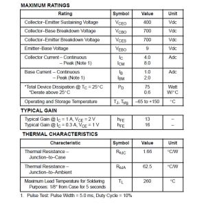 POWER TRANSISTOR BUL42D ON TO-220 with 4 AMPERES 700 VOLTS 75 WATTS