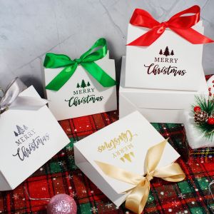 Christmas Gift Boxes With Green Ribbon Party Favors New Year Candy Containers