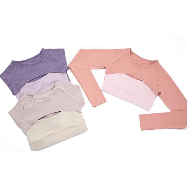 Two Piece Ladies Yoga Tops Long Sleeve Hollow Out Running Crop Top With Bra