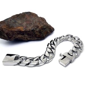 Men's Curb Link Chain Bracelet 316l Titanium Stainless Steel 15mm Width Silver