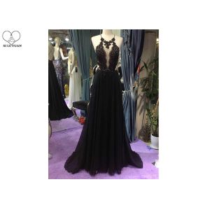 Backless A Line Ball Gown White Black Color Hanging Neck Chiffon Lace Beading