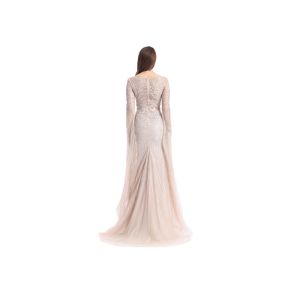 Long Sleeve Backless Middle Eastern Evening Gowns Tulle Fabric Beading