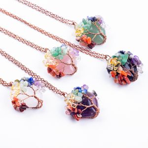 Rose Quartz Heart Shape Crystal Tree Chakra Gem Necklace