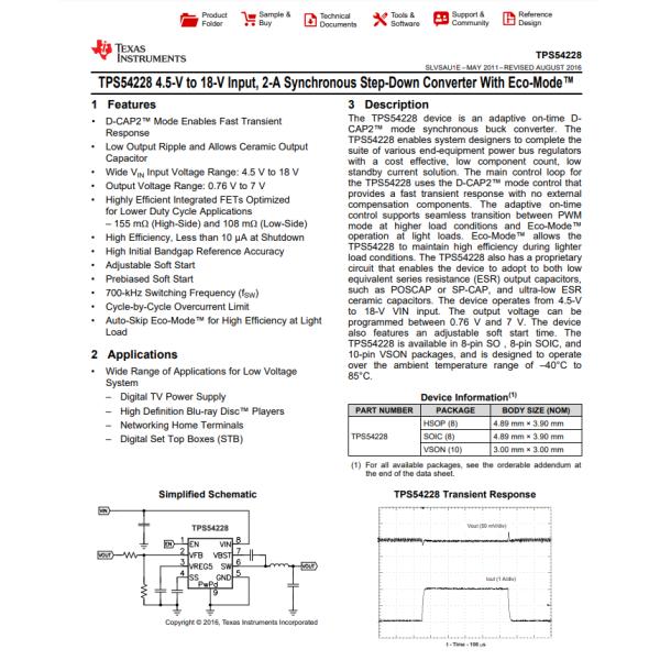 TPS54228DDAR Buck Switching Regulator IC Positive Adjustable 0.76V 1 Output 2A