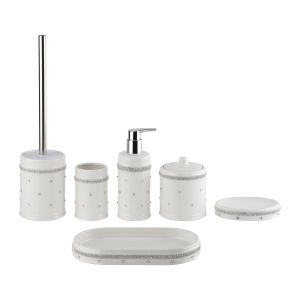 Round shape ceramic bathroom accessories set white color with acrylic decor