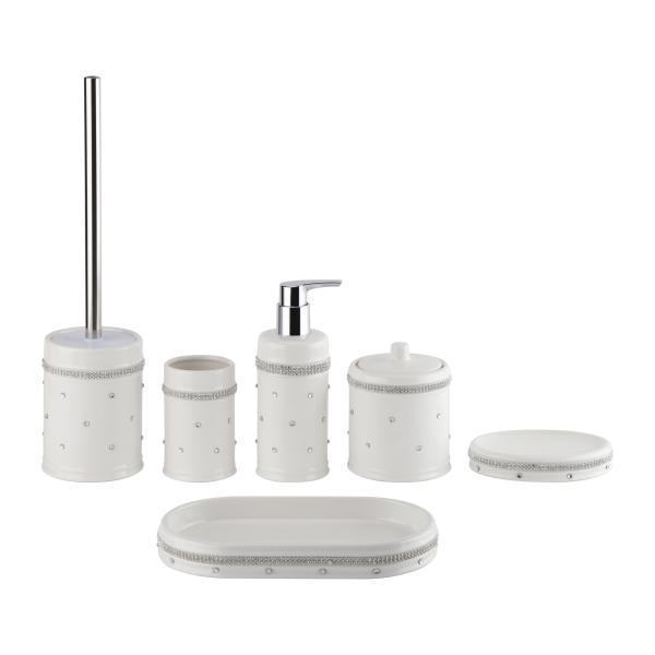 Round shape ceramic bathroom accessories set white color with acrylic decor