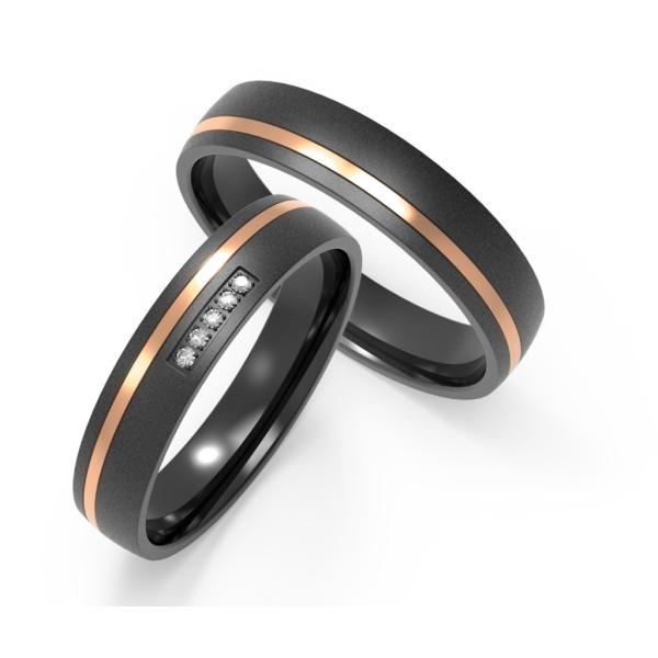 Quality Couple Black Zirconium Wedding Ring Polished With Cubic Zirconia Two Tones IP Rose Gold wholesale