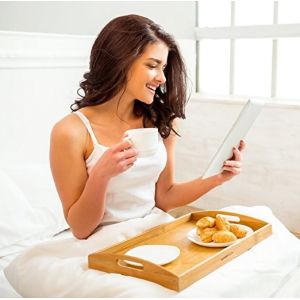 portable rectangular modern large melamine bamboo serving tray with handles