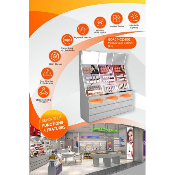 GDR04-CZ-B02 Makeup Display Rack with Grey Melamine Board and LED Strip Lights for Cosmetic Retail Stores