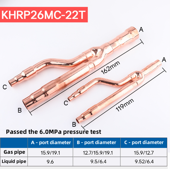 Copper Branch Pipe for VRF VRV Systems 150mm to 400mm Custom Length 22T 33T 72T