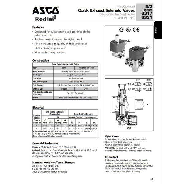 Asco 8317/8321 Series Quick Exhaust Solenoid Valve 1/4" And 3/8" NPT