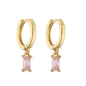 China Gold Plated 18K Hoop Earrings Rectangle Water Drop Pink Zircon Diamond Pendant on sale