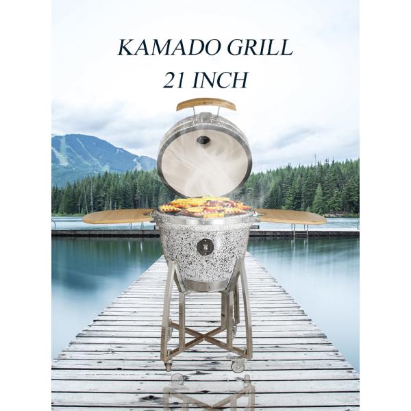 KIMSTONE Kamado-style Grill 21 Inch Black and White Floral Glaze Folding Side Shelves Durable and Reliable