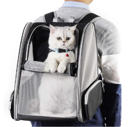 Pet backpack with blinds, suitable for small cats and dogs. It features a