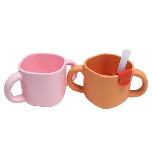 Cheap Orange BPA Free Silicone Handle Feeding Bottle Baby Sippy Cup With Straw For Kids for sale