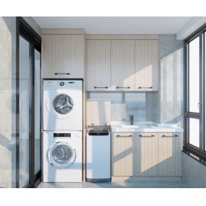 Beige Wood Grain Balcony Cabinet With Multi-Appliance Integration