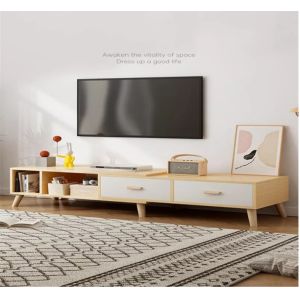Extendable Veneer TV Console Cabinet Long Media Console 3 Drawers Simple Style