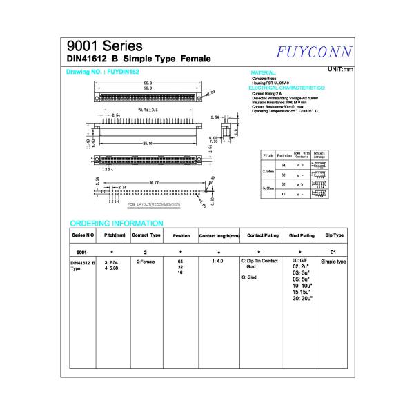 2 rows 64 Pin Female Eurocard Connector B Type Straight Terminals DIN 41612 Connector