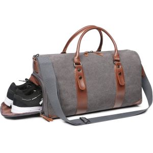 Canvas Weekender Overnight Bag Carry On Luggage With Shoe Compartment / Toiletry