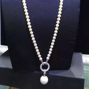 White Shell Pearl Strands Sweater Pendant Necklace with Cubic Zirocnia Charm