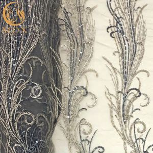 Heavy Handmade Embroidery Grey Beaded Lace Fabric On Polyester Mesh