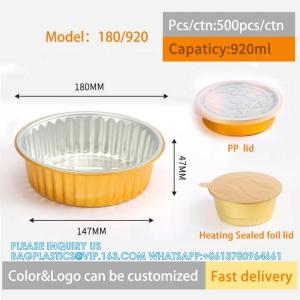 China 180mm Diameter 920ml Smooth Wall Gold Disposable Tin Foil Tray Aluminium Foil Food Container With Pla Heat Seal Lid on sale