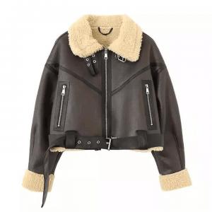 Cheap                  Custom Cropped Leather Jacket Vintage Women&prime;s Motor Jackets Brand Quality Sherpa Warm Bomber Coat for Women Winter              for sale