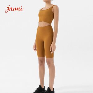 China 210gsm Yoga Activewear Sets Ribbed Two Piece Biker Short Sets on sale